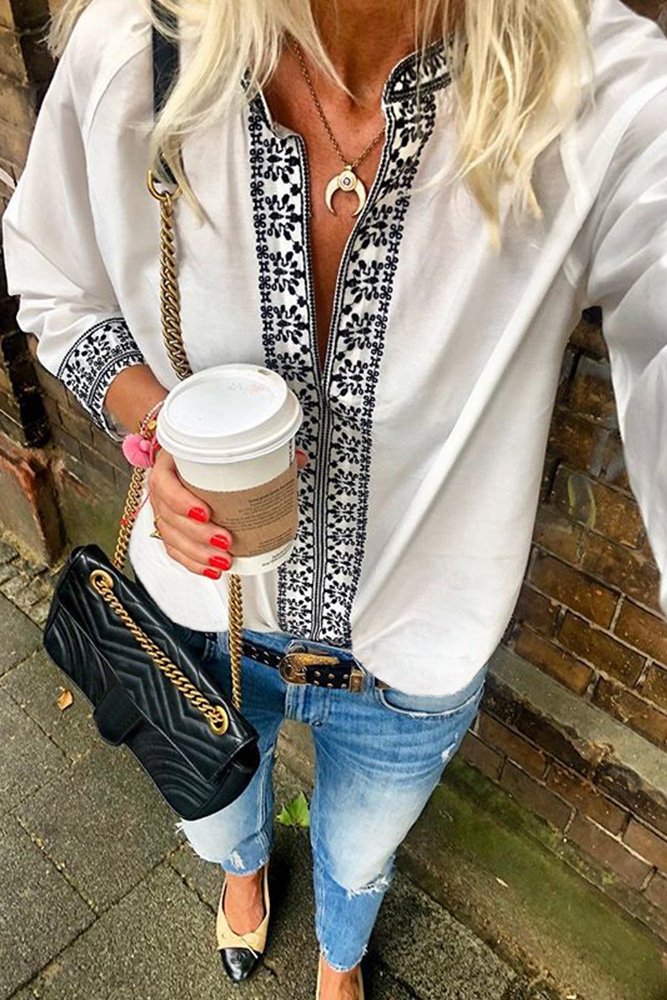 White Retro Print V-Neck Blouse Top