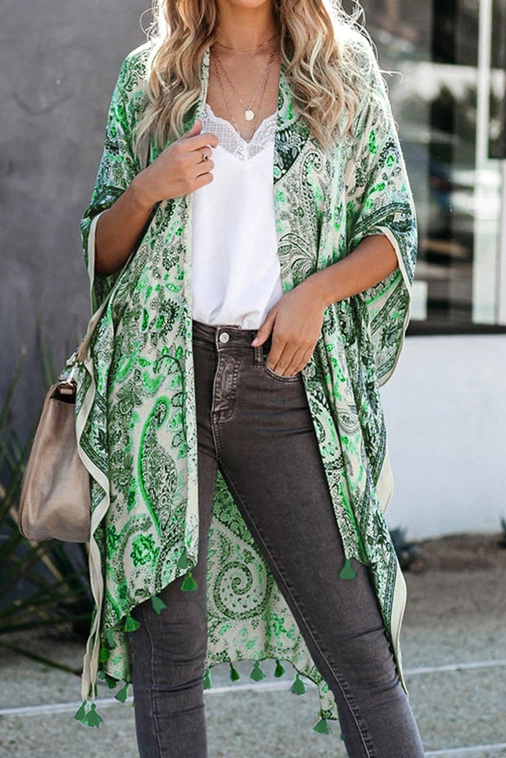 Green Boho Paisley Print Kimono Beach Cover up with Tassel