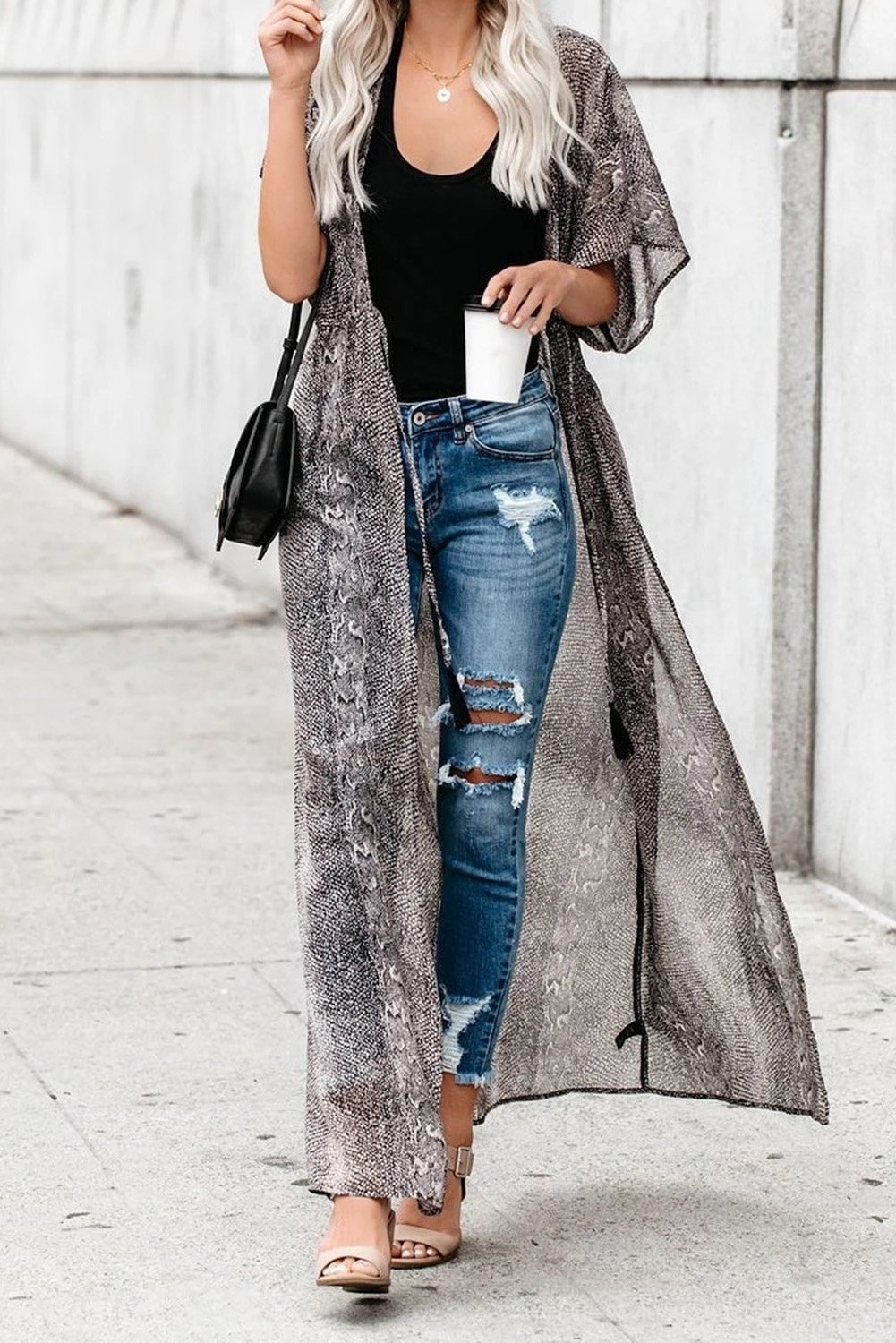 Gray Printed Duster Kimono