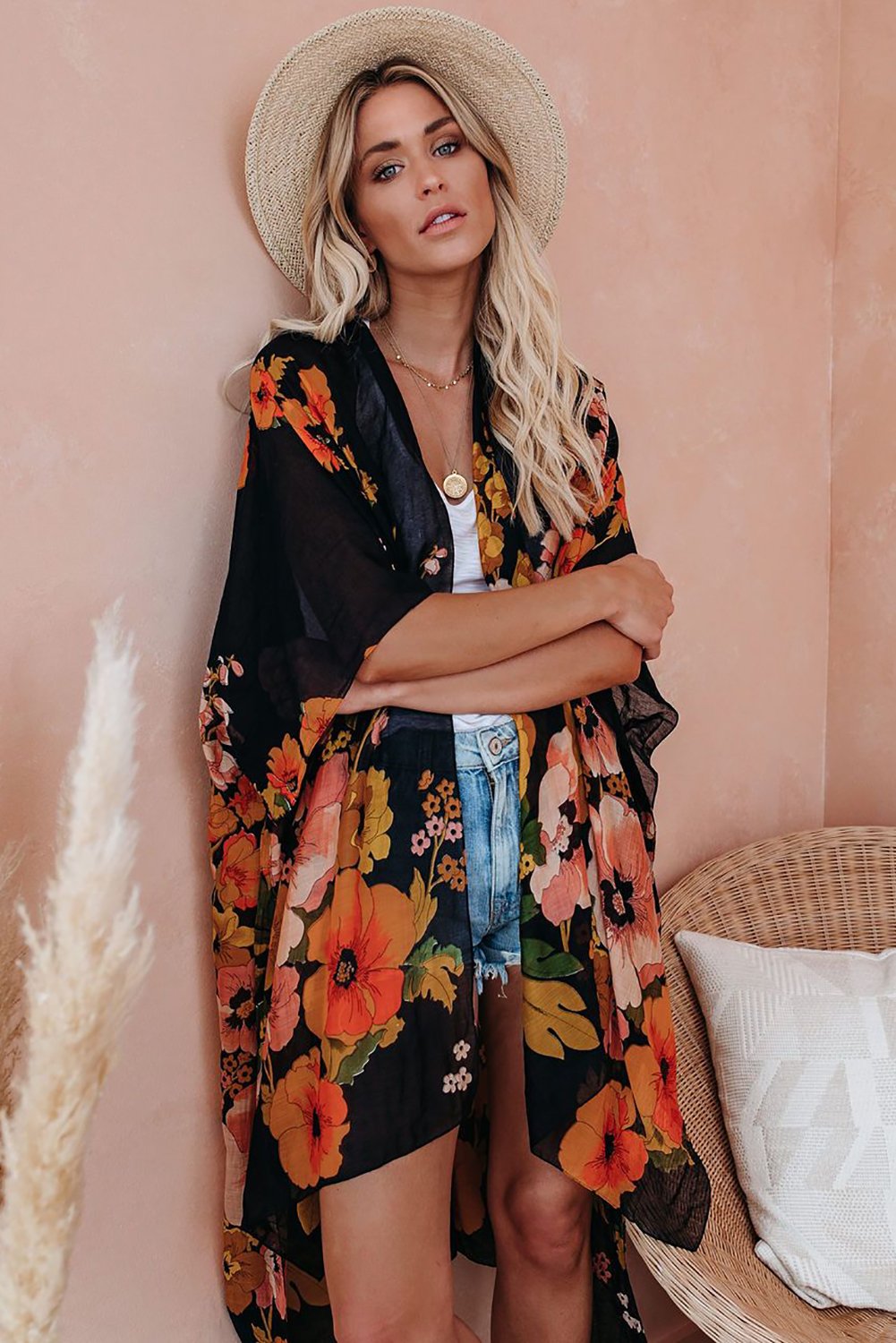 Black Kimono Sleeve Floral Print Graceful Cover Up