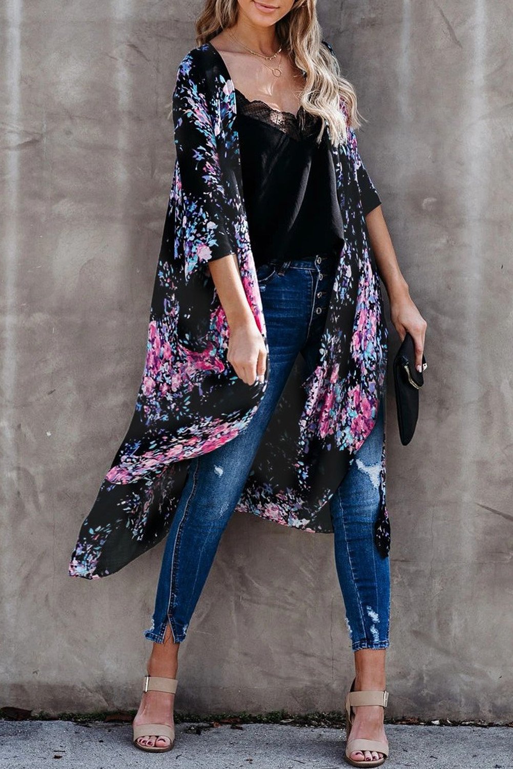 Black Floral Kimono Sleeves Chiffon Loose Beach Cover Up