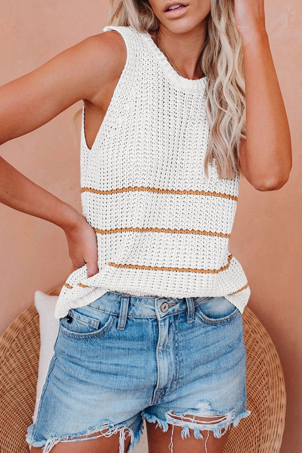 White Knit Tank Top with Stripes