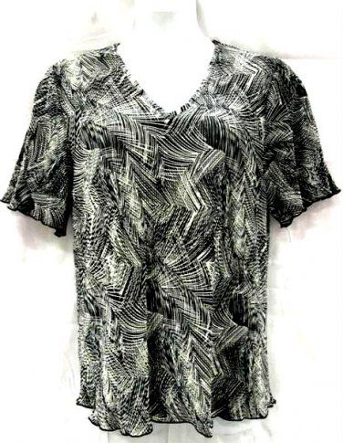 Russell Kemp 2X Blouse Black White Short Sleeves Crinkled Polyester