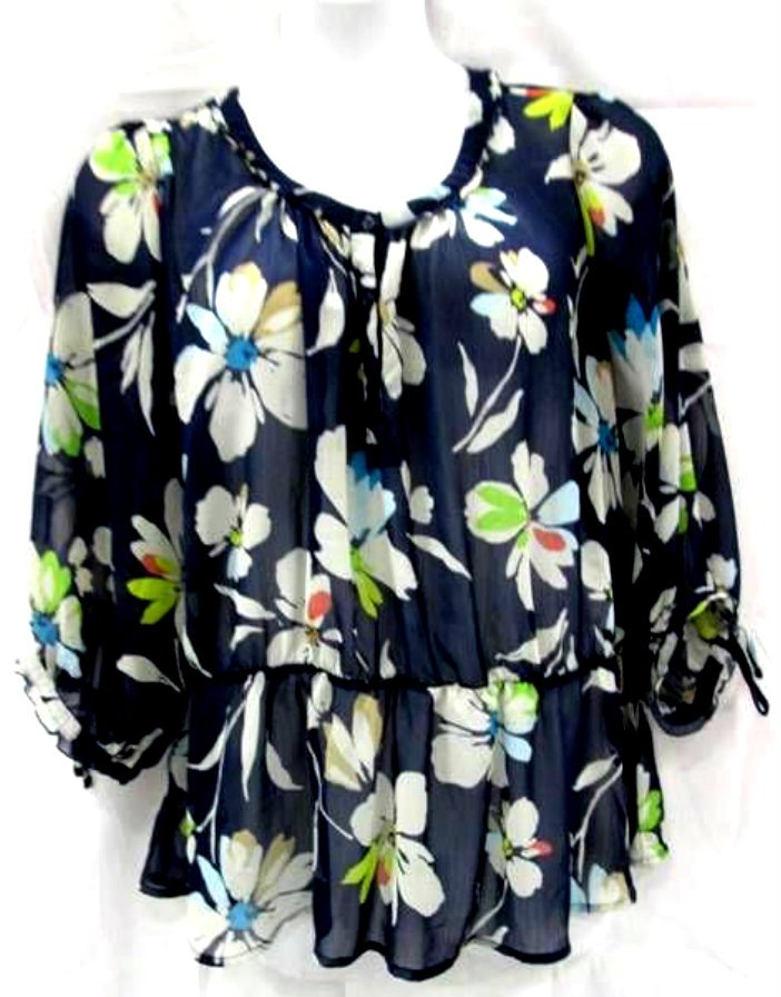 Old Navy XXL Blouse Semi Sheer Floral Blue Green Polyester