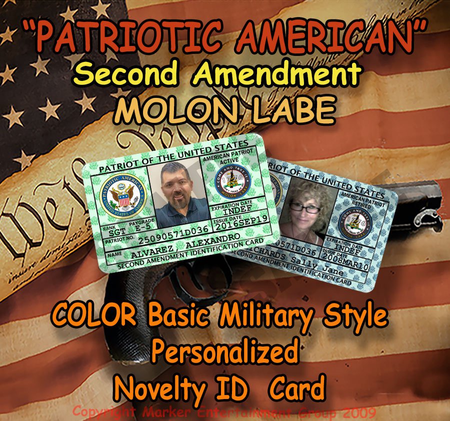 PERSONALIZED "Molon Labe: SECOND AMENDMENT" Novelty Basic Military Style ID Card