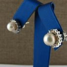 14kt White Gold  Earrings with 28 diamonds and  2 Pearls