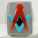 Freemasonry Masonic Ring .925 Red Coral Sleeping Beauty Turquoise Mens 11
