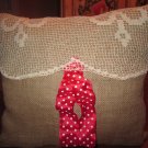 Burlap and vintage lace pillow with red polka dot ribbon