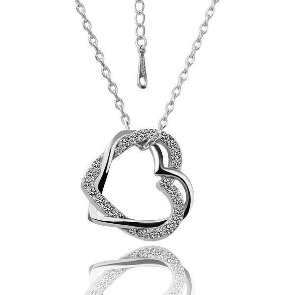 18KGP N006 Two Hearts18K Platinum Plated Plating Platinum Necklace Rhinestone Pendant