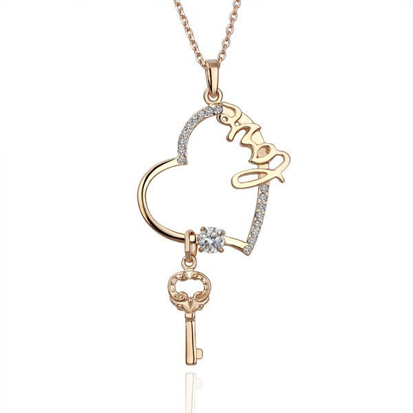 18KGP N075 18K Gold Plated Necklace Nickel Free K Golden Plating Pendant Rhinestone Heart Key