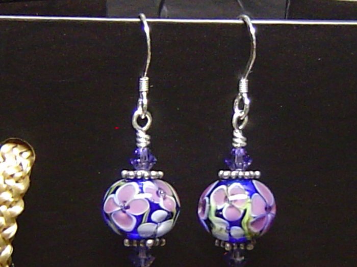 PURPLE FLOWERS Lampwork Glass Beads Earrings - KM