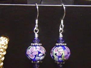PURPLE FLOWERS Lampwork Glass Beads Earrings - KM