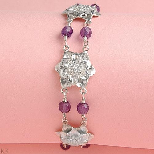 Sterling Silver Flower Bracelet with Faceted Amethyst Gemstones