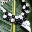 DENDRITIC OPAL, RAINBOW MOONSTONE, BLACK ONYX NECKLACE 22"