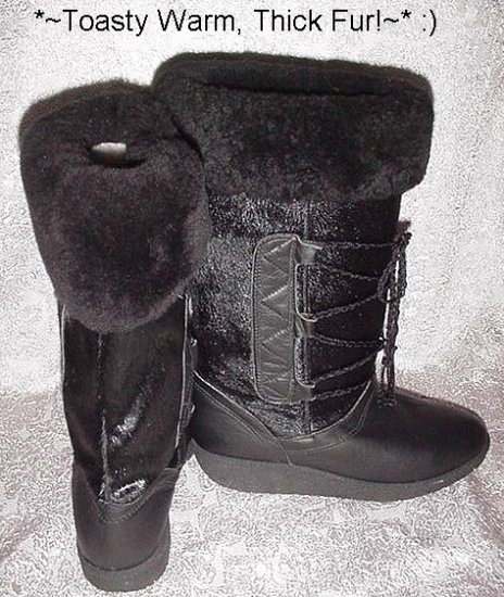 BLACK TALL Fluffy Sheepskin Cuff and= FUR Upper Leg SOREL= Leather Foot ...