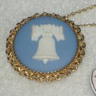 Vintage Wedgwood  Blue Jasperware Liberty Bell Pendant/ Brooch & Necklace 12K GF