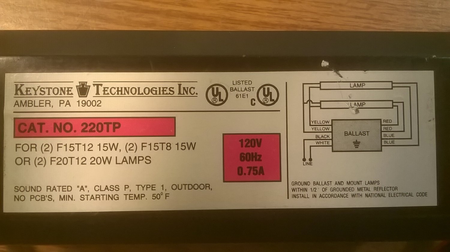 Keystone 120Volt Ballast for F15T12 F15T8 or F20T12 (220TP) *USED*