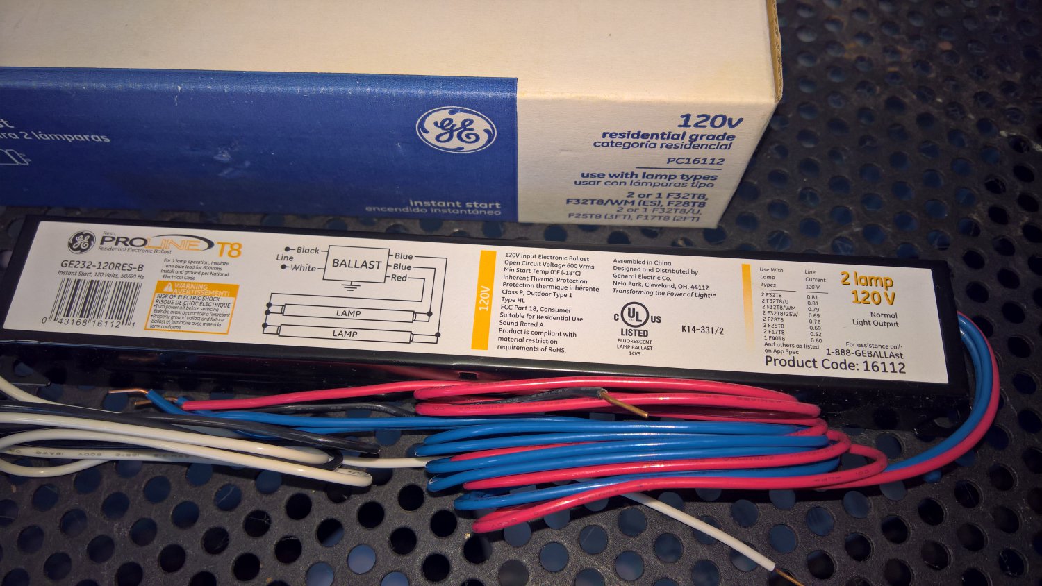 GE Proline T8 PC16112 2-Lamp 120Volt Ballast (GE232-120RES-B) *NIB*