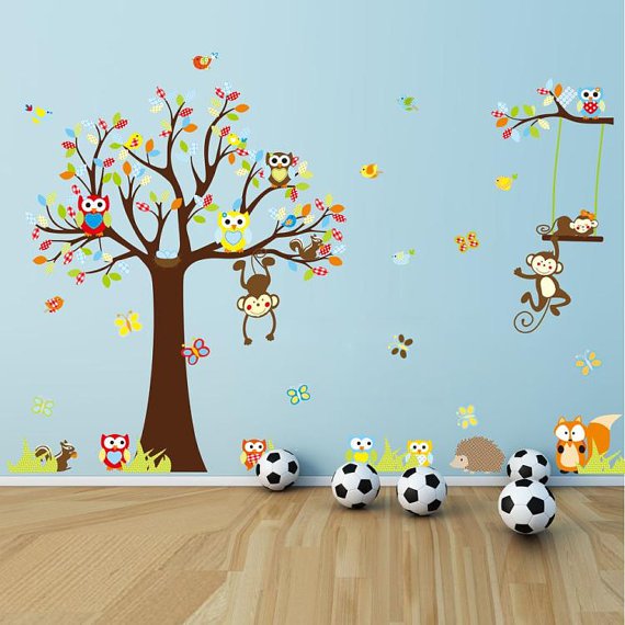 Nursery Wall Decals Tree and Owls Wall Decal squirrel Vinyl Wall