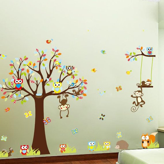 Nursery Wall Decals Tree and Owls Wall Decal squirrel Vinyl Wall