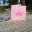 Pretty Pink Princess Crown, Wood Tile Pendant Necklace