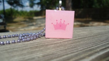 Pretty Pink Princess Crown, Wood Tile Pendant Necklace