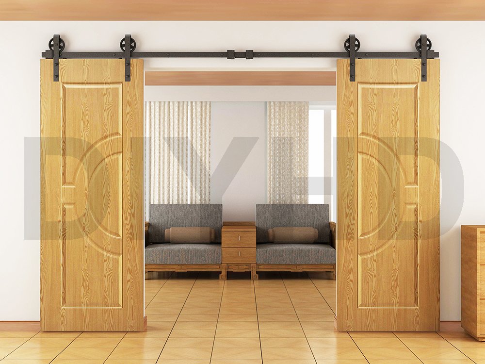 8ft Industrial Spoke Wheel Double Sliding Barn Wood Door Track Hardware