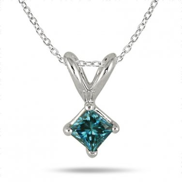 0.15 ct Blue I1 Princess Diamond Solitaire 14K White Gold Pendant Set + GIFT (K1243-PC-015WBL)