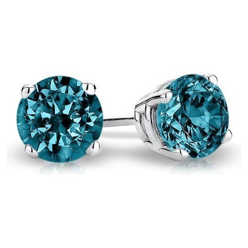 0.90 ct Blue Diamond Round Solitaire Basket Stud Earrings 14K White Gold (E1243-090WBL)