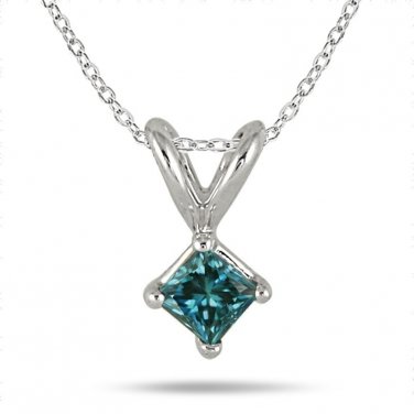 0.75 ct Blue I1 Princess Diamond Solitaire 14K White Gold Pendant Set + GIFT (K1243-PC-075WBL)