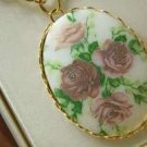 Vintage hand painted pink flowers cab cabochon on a gold tone chain necklace NIB