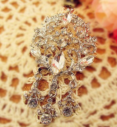 Dangle Vintage Style Rhinestone Crystal Silver Bridal Wedding Brooch Pin