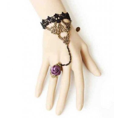 Purple Rose Black Lace Victorian Goth Party Bridal Slave Bracelet Necklace Set