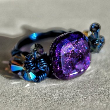 Blue Wire Wrapped Swarovski Glitter Button Ring