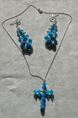 Carribean Blue Opal Swarovski Cross and Earrings Set