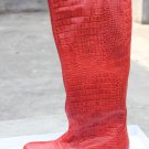 2013 new winter boots anne weil red croc embossed flat real leather long boots