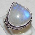 Natural Heart Shape Rainbow Moonstone 925 Sterling Silver Overlay Ring Size 10
