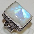 Natural Cushion Rainbow Moonstone Gem 925 Sterling Silver Overlay Ring Size 9.5