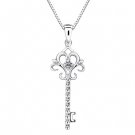 0.04ct Diamond Solitaire 18K White Gold Fleur-De-Lis Key W/ 925 Silver Necklace 16" Birthday S07882P