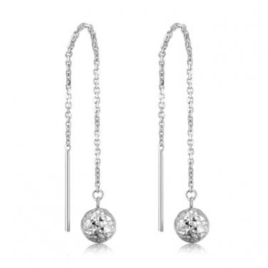 14K White Gold Hammered Drop Style Ball Threader Link Chain Earrings Jewelry Gift C04742E