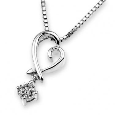 0.13ct Diamond Solitaire 18K White Gold Heart Dangle Pendant W/925 Silver Chain 16" Bridal F03641P