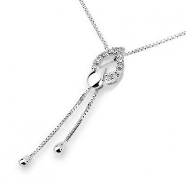 18K White Gold 0.06cttw Diamond Accents Teardrop Lariat Necklace W/925 Silver Chain 16" J02729P