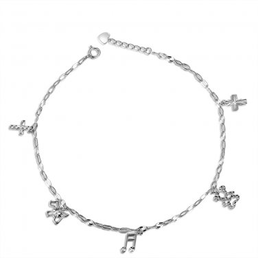 14K White Gold Diamond-Cut Cross Dog Bear Music Charm Anklet (8") C05680K