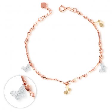 14K Tri Color Yellow Rose White Gold Butterfly Charm Bracelet Bridesmaid Jewelry Women Girl C06195B