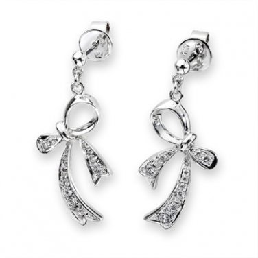 18K White Gold Dangling Ribbon Bow 0.29cttw Diamond Stud Earrings S04743E