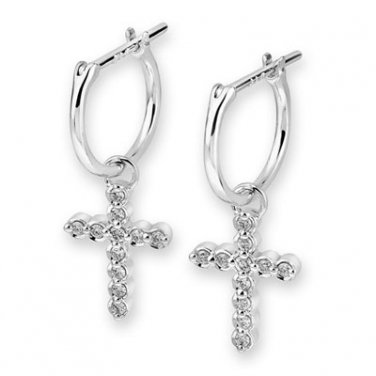 18K White Gold 0.17cttw Diamond Cross Bezel Setting Drop Hoop Earrings Jewelry S05074E