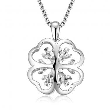 14K White Gold D-Cut Clover Women Necklace 16", Fashion Jewelry Gift C04218P