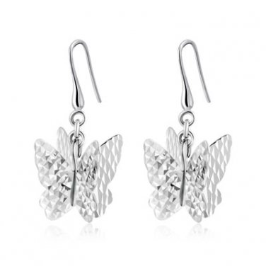 14K White Gold Diamond-Cut 3D Butterfly Hook Earrings Jewelry Birthday Gift C04802E