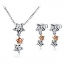 14K Rose White Gold Triple Stars Necklace 16" & Earrings Jewelry Gift Set C04174P_C04698E