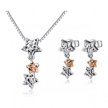 14K Rose White Gold Triple Stars Necklace 16" & Earrings Jewelry Gift Set C04174P_C04698E
